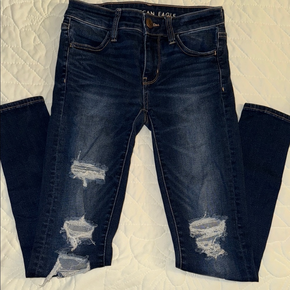 American Eagle Outfitters Blue Skinny Jeans with Distressed Detailing - 0